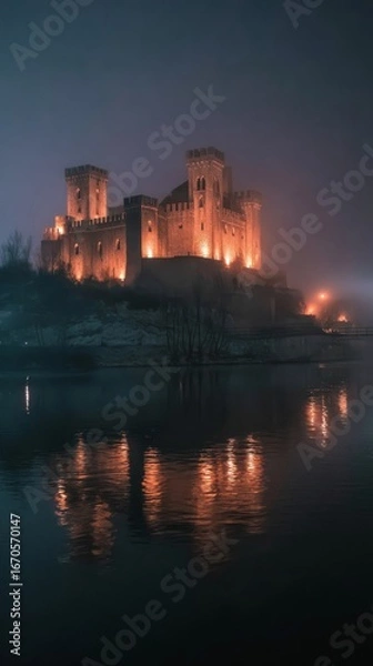 Fototapeta An illuminated castle reflects in tranquil water at night, creating a magical scene.