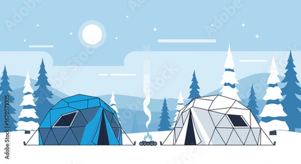 Fototapeta Tranquil Winter Camping Scene with Tents and Campfire in a Snowy Forest Landscape