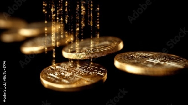 Fototapeta A close-up of gold coins with shimmering reflections, creating a striking visual effect against a dark background.