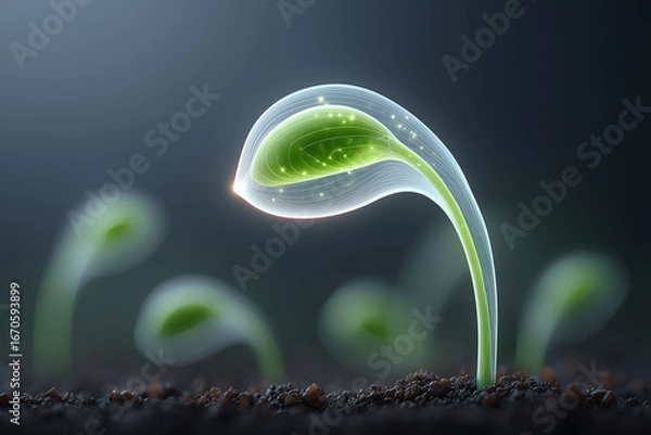 Fototapeta Bioengineered green seed glows in soil nature close-up tranquil environment macro view innovative concept