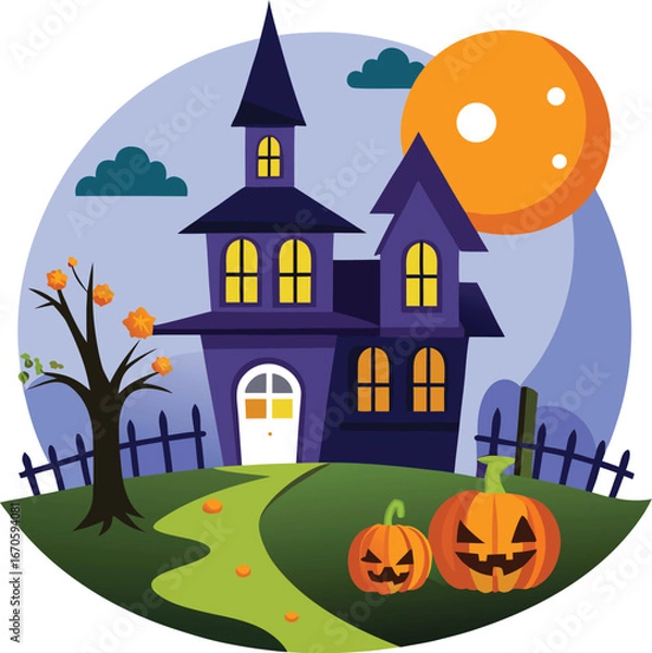 Obraz haunted house with pumpkin patch in front clean white
