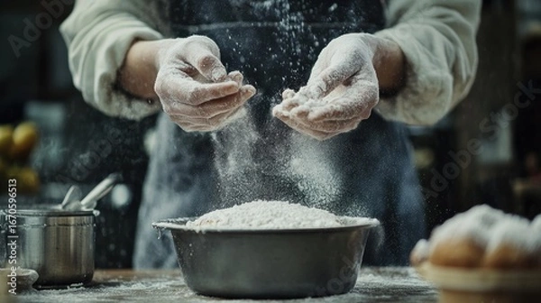 Obraz Chef's hands dusting flour over dough