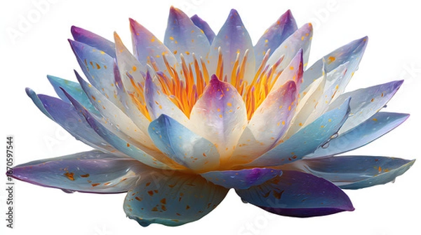 Obraz Vibrant water lily with layered petals in shades of blue, purple, and white, illuminated by a warm, golden center. Elegant floral beauty.