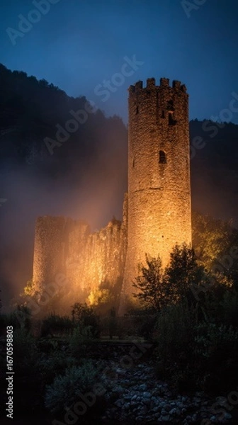 Fototapeta A stunning medieval castle tower bathed in warm light at night, creating a majestic scene.