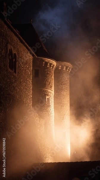 Fototapeta Mysterious castle illuminated at night with mist, creating a dramatic and atmospheric scene.