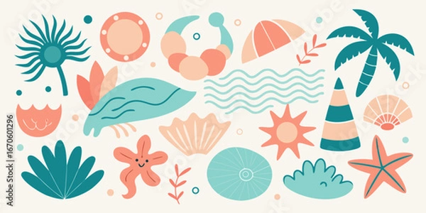 Fototapeta Cute summer beach elements collection with tropical vibes