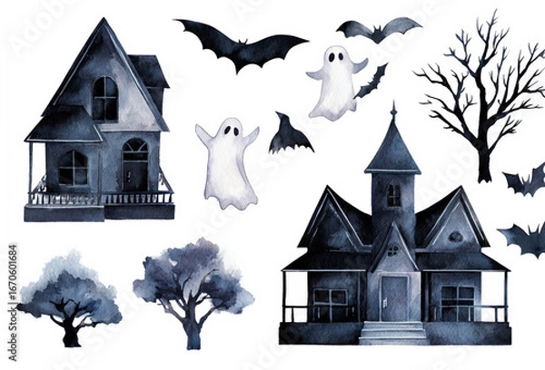 Fototapeta A set of clip art with Halloween symbols: ghosts, bats, haunted house. Monochrome illustration on white background. AI generated.