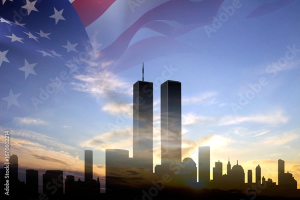 Obraz Silhouette of the New York skyline with Twin Towers against the sunset with USA flag. September 11, 2001. American Patriot Day banner. We will never forget