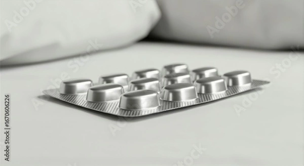 Fototapeta Silver blister pill pack rests on a smooth white bedsheet amidst minimal surroundings with a soft white pillow in the background