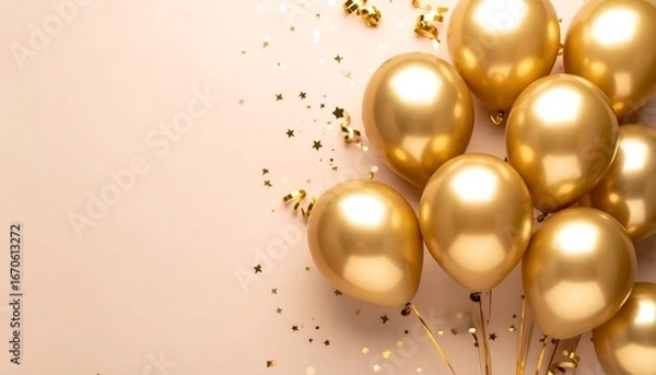 Obraz Gold balloons on a pastel background with confetti