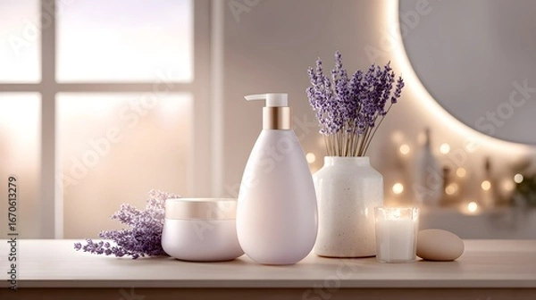 Fototapeta Elegant lavender-scented skincare products displayed on a light wooden surface, bathed in warm, inviting light.