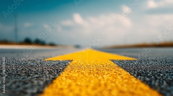 Fototapeta A close-up view of a yellow arrow marking the road under a bright blue sky.