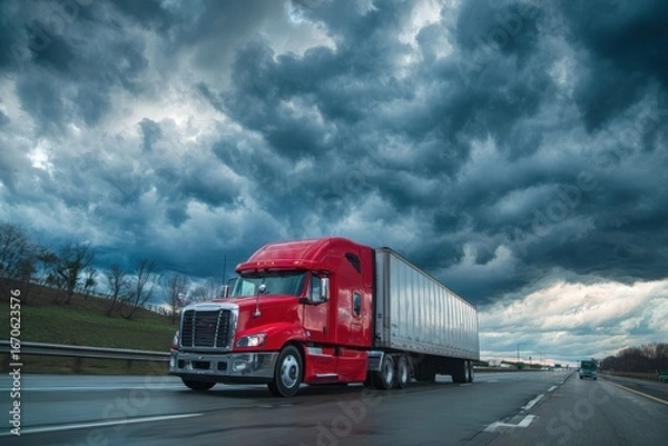 Fototapeta Crimson Tractor-Trailer on Open Highway Under Cloudy Sky, with Majestic Horizons and Blue Hues