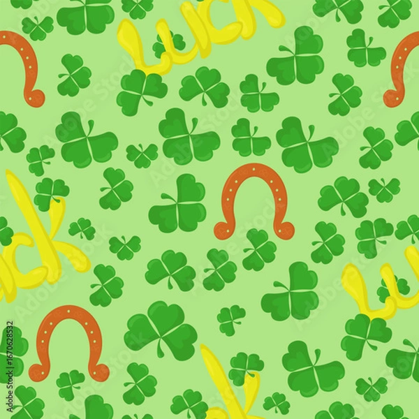 Fototapeta Horseshoe and the word luck, symbols of St. Patrick's Day on a green background