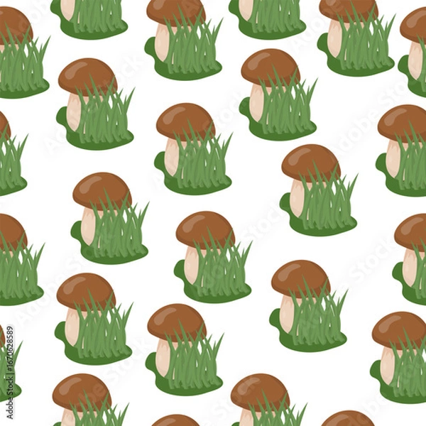 Fototapeta Porcini mushroom in the grass seamless pattern, natural elements on a white background