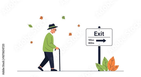 Obraz Vector illustration of elderly man walking near exit sign during autumn season