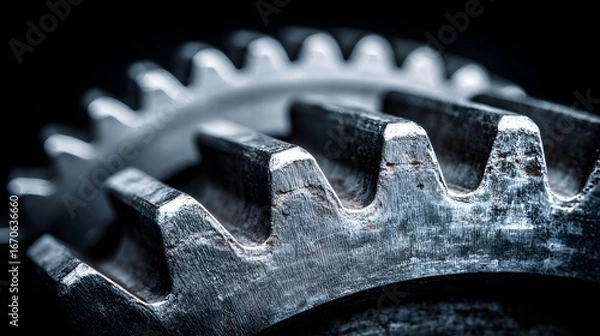 Fototapeta Close-up view of intricate metal gears, showcasing detailed textures and precision engineering.