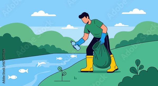 Obraz Volunteer Collects Waste from Riverbank and Forest To Protect Environment