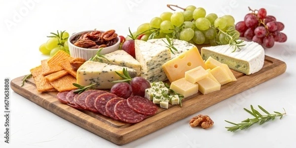 Fototapeta Gourmet Cheese and Charcuterie Board Image of assorted cheeses, grapes, salami and crackers, cheese board, appetizer , Appetizer, Party Food