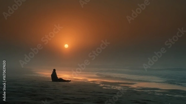 Fototapeta Solitary Figure on Foggy Beach at Dawn: Meditative Sunrise, Mysterious Atmosphere, and Ethereal Ocean Scene for Serenity, Inner Peace, or Travel Concepts