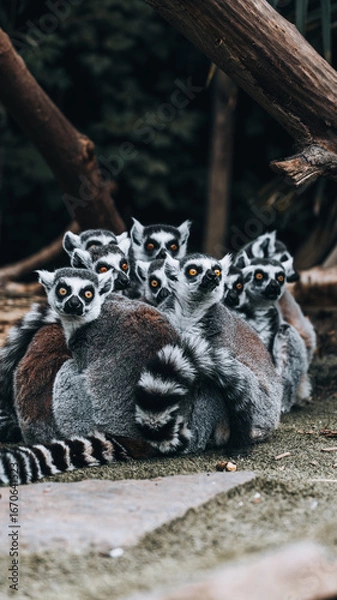 Fototapeta Ring-tailed lemur in a warm clump, orange eyes and striped tails, intimate moment of social behavior in a troop, natural light, wildlife, Madagascar mood, fur detail, emotions of care and safety.