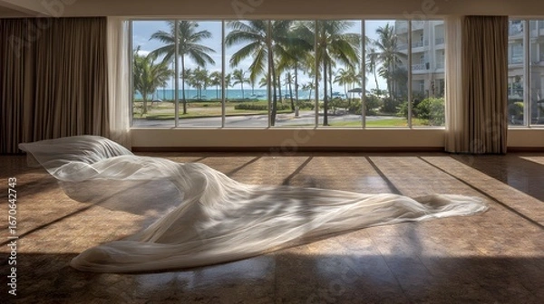 Fototapeta A flowing, sheer fabric drapes across a sun-drenched room, showcasing a panoramic view of palm trees and the ocean.