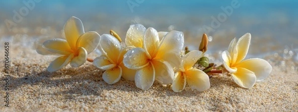 Obraz Plumeria flowers on the beach on the sand. selective focus. Generative AI,
