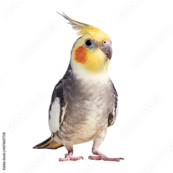 Fototapeta Png of cute cockatiel isolated on transparent background, a small parrot with a yellow crest and orange cheeks standing and looking forward