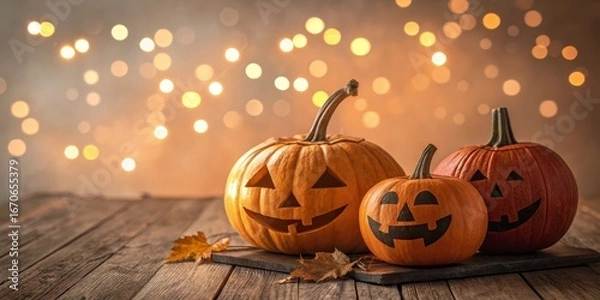 Fototapeta Three Jack-o'-lanterns on Wooden Table with Bokeh Lights, Halloween Decor, Autumn, Fall Halloween, Pumpkins
