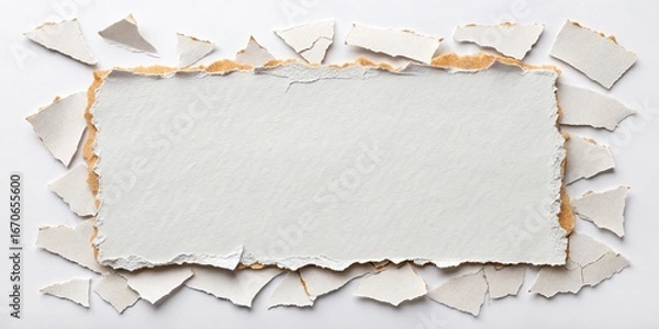 Fototapeta Torn Paper Frame Abstract Composition with Ripped Edges, White Background, Blank Space, Texture, Photography Keywords texture, background