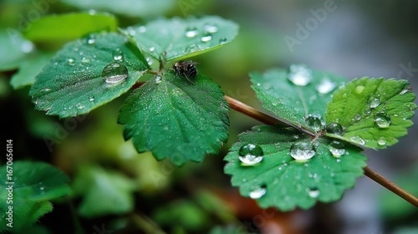Fototapeta Dew-Kissed Leaves: Close-up of vibrant green leaves with sparkling droplets on a stem