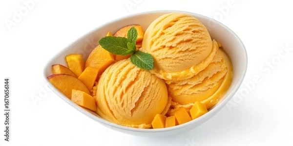 Fototapeta Two Scoops of Mango Ice Cream with Fresh Mango Slices in a White Bowl,Food Photography,Dessert Mango Ice Cream,Summer Dessert