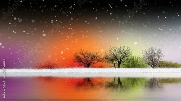 Fototapeta Surreal Dawn Landscape with Trees and Rainbow Reflections