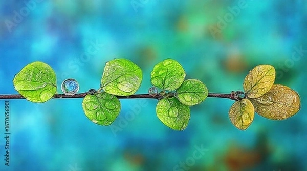 Fototapeta Intimate Macro of Dew-Kissed Leaves Against a Dreamy Blue Backdrop