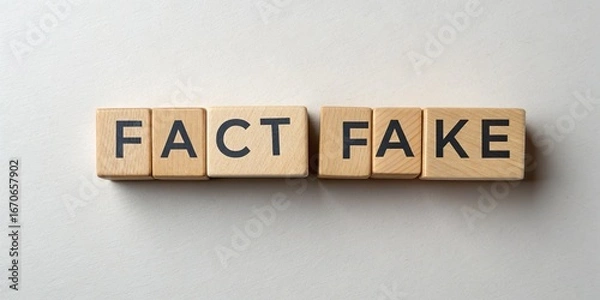 Fototapeta Wooden Blocks Spelling Fact vs Fake Composition of light wood blocks on a white background spelling out FACT and FAKE to illustrate the concept of truth versus falsehood.