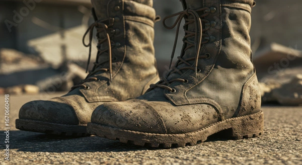 Obraz Close-up of weathered military combat boots with detailed texture and durable construction.