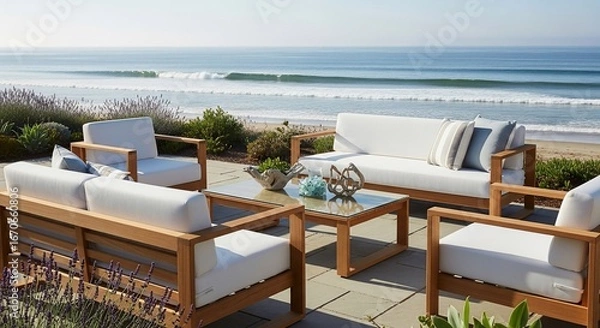 Fototapeta Outdoor seating arrangement with ocean view creating a relaxing and comfortable setting