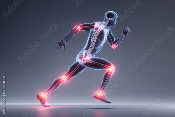 Fototapeta Anatomical illustration of a running person with joints highlighted in red showing potential injury areas.