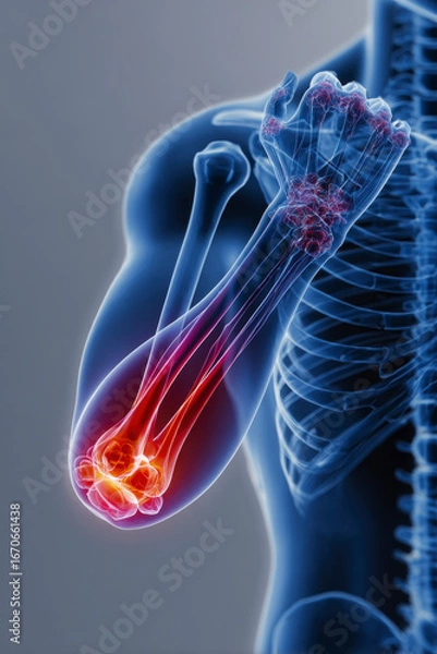 Fototapeta Arm and joint x-ray displaying pain points in red, with an emphasis on bone structure and inflammation.