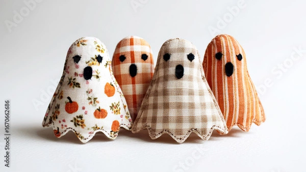 Fototapeta Four small handmade ghosts made of fabric on a light background. Handmade, rustic style. Charmingly creepy Halloween decoration. AI generated.
