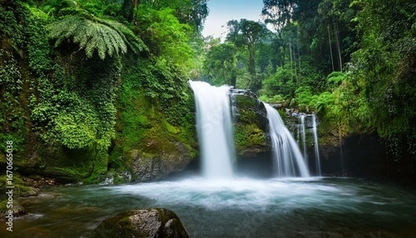 Fototapeta waterfall cascade surrounded by lush vegetation tropical forest setting nature photography serene landscape perspective