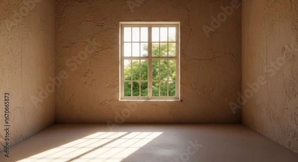 Fototapeta Empty room with a window looking out to green trees