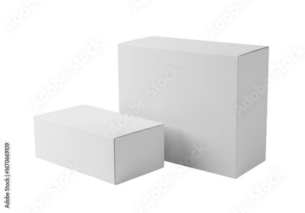 Fototapeta Two blank white cardboard boxes of different sizes standing upright on a transparent background isolated on transparent background