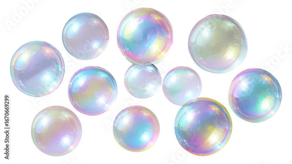 Fototapeta Holographic translucent pastel soap bubbles transparent image. Soapsuds balls dreamy luminous glow isolated cutout 3d render. Whimsical airy spheres cut out clipart design element png