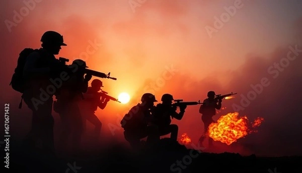 Obraz Silhouetted soldiers in foggy sunset, marines firing amidst smoke and fire,  military,  assault rifle