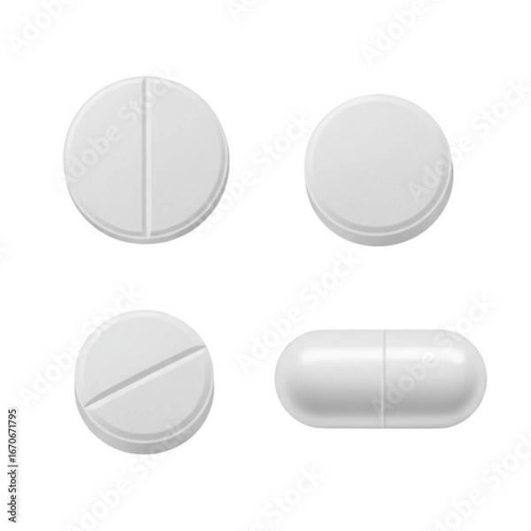 Fototapeta Four white pharmaceutical pills two round with score lines and one capsule isolated on transparent background