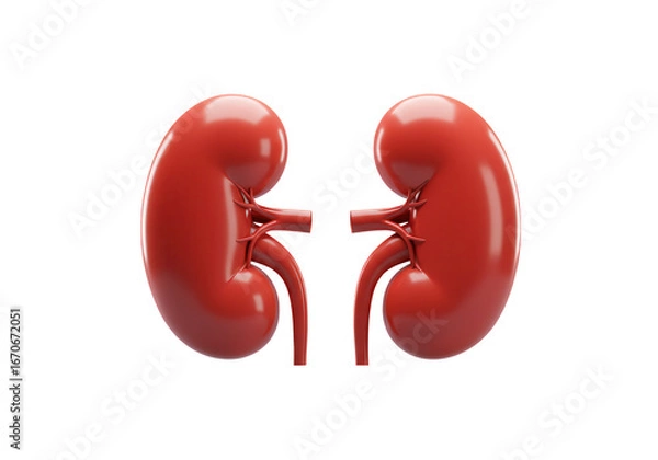 Fototapeta Realistic 3d rendering of two healthy human kidneys with visible ureters isolated on transparent background