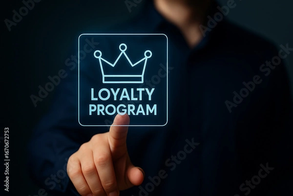 Obraz High quality photo realistic business technology concept image of man touching glowing loyalty program icon with modern futuristic holographic design