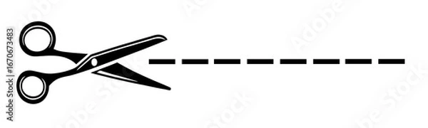 Fototapeta Isolated black scissors cutting along dotted line. Clean minimalist design perfect for concepts of separation and decision making.
