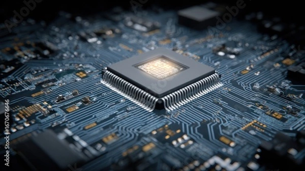Fototapeta Close Up of Central Processing Unit on Computer Circuit Board with Bright Illuminated Chip